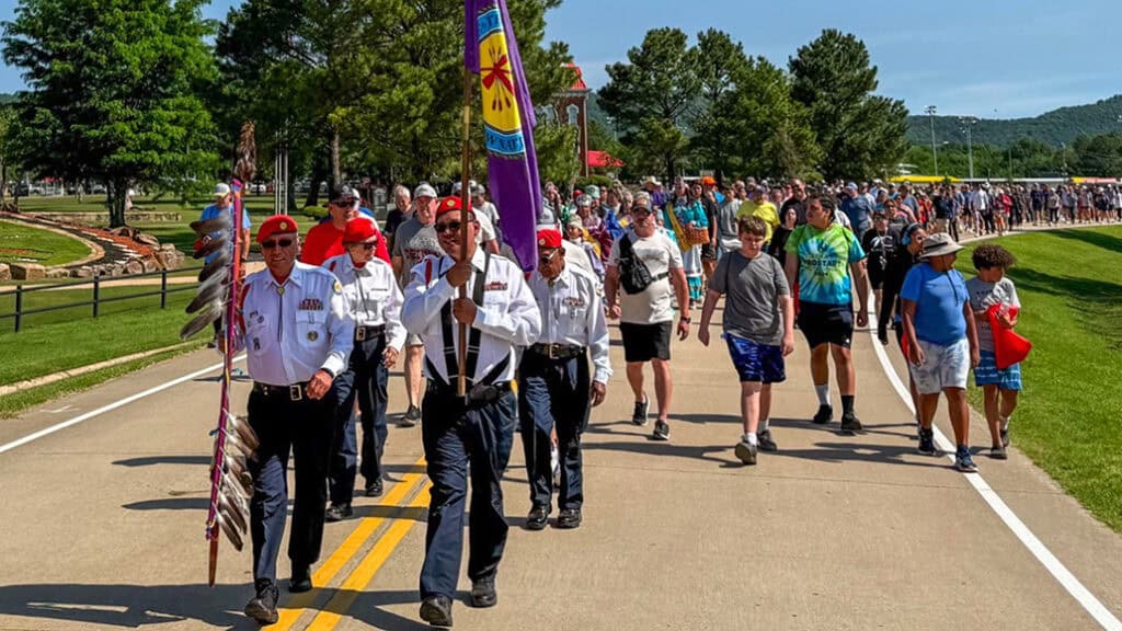 The honor guard leads the Trail of Tears walk.