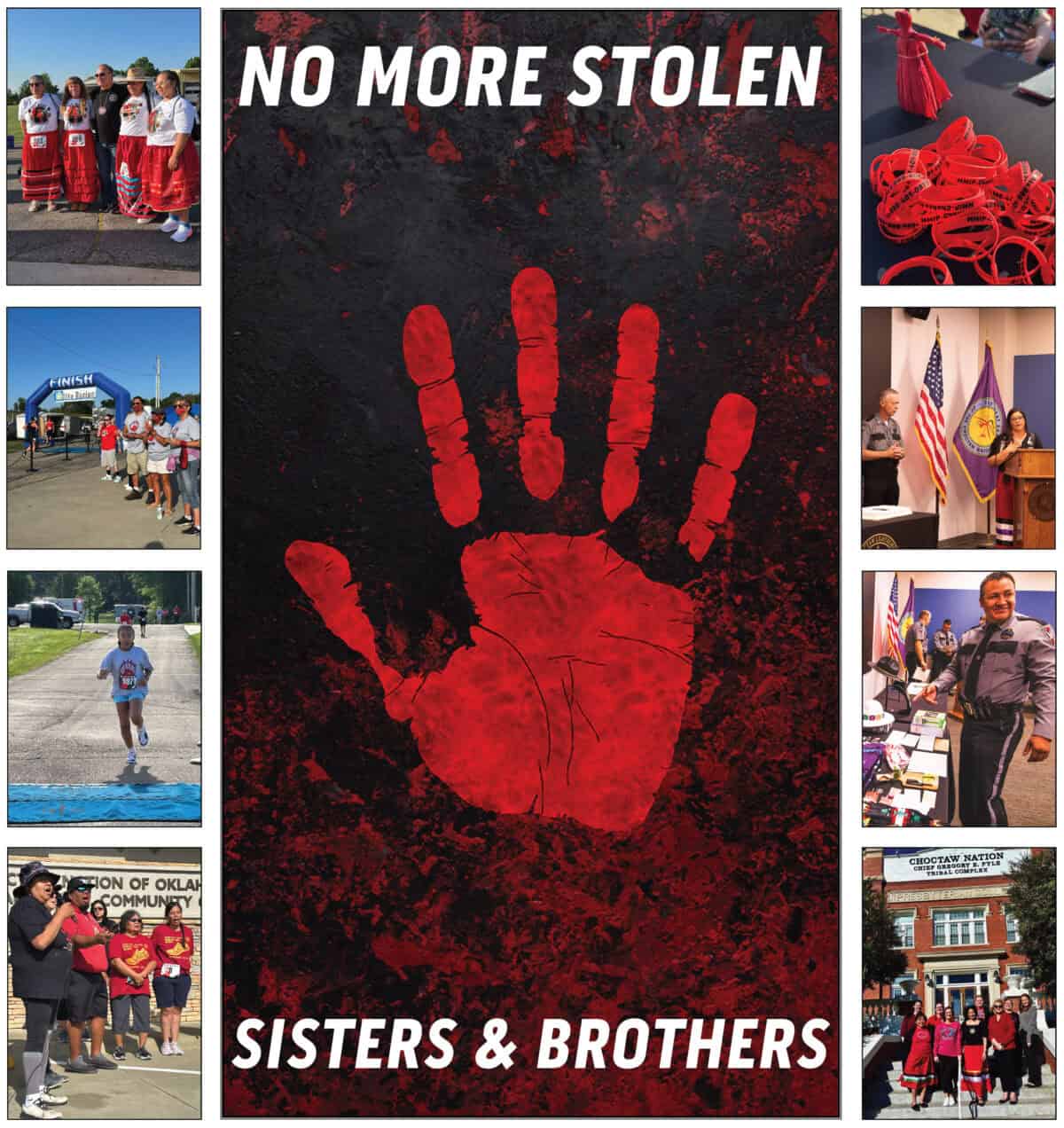 A red hand print with the text no more stolen sisters & brothers on it.