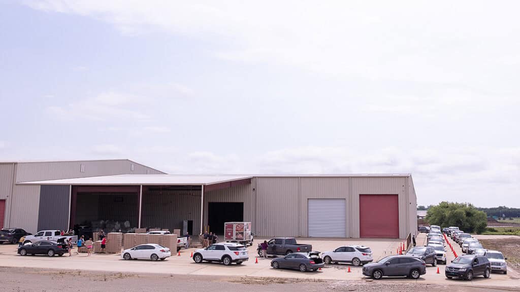 Cars can be seen waiting in two lines.