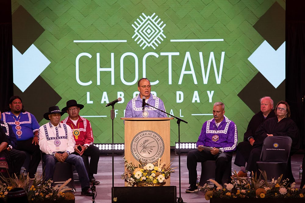 Chief Gary Batton speaks from a podium