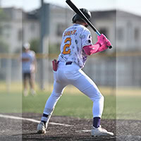 Baseball player stands ready to hit ball.
