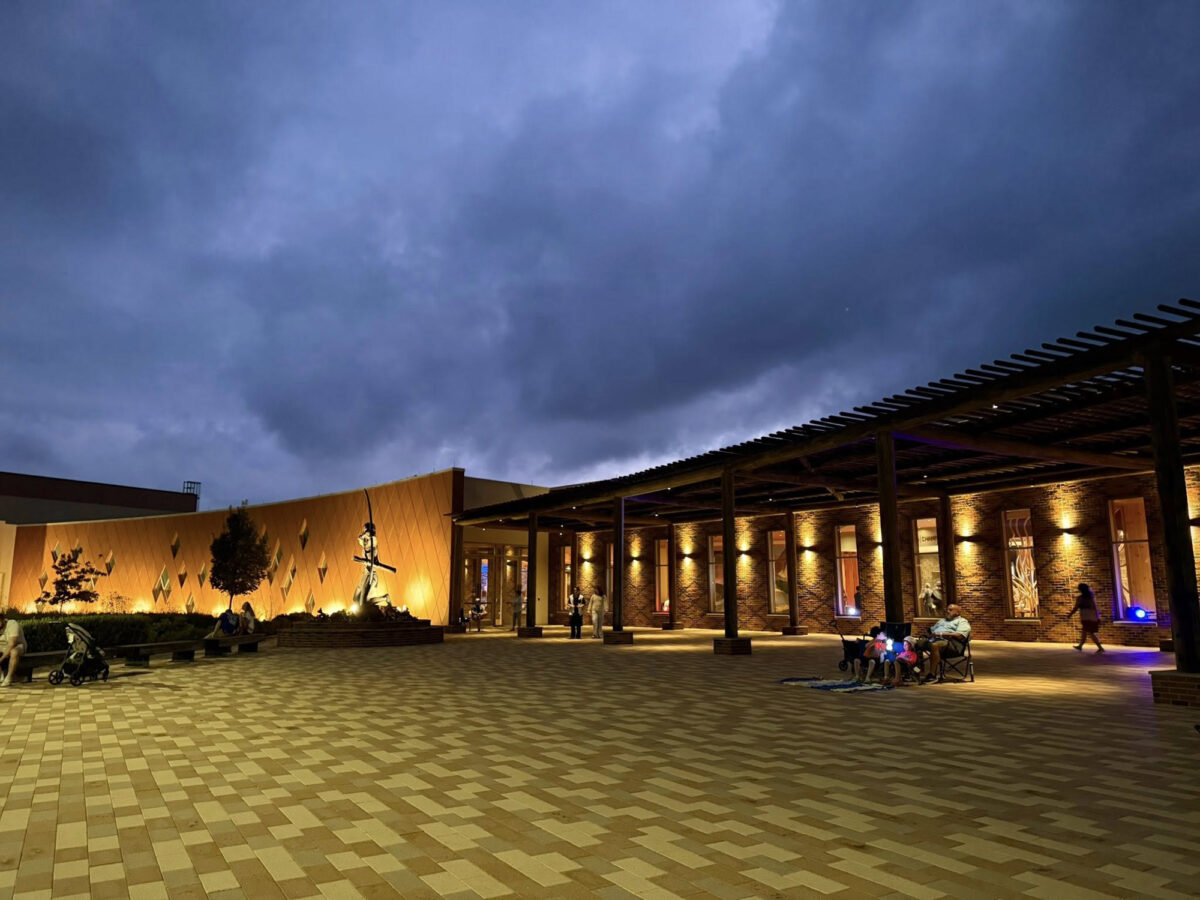 The Choctaw Nation Cultural Center at dusk.