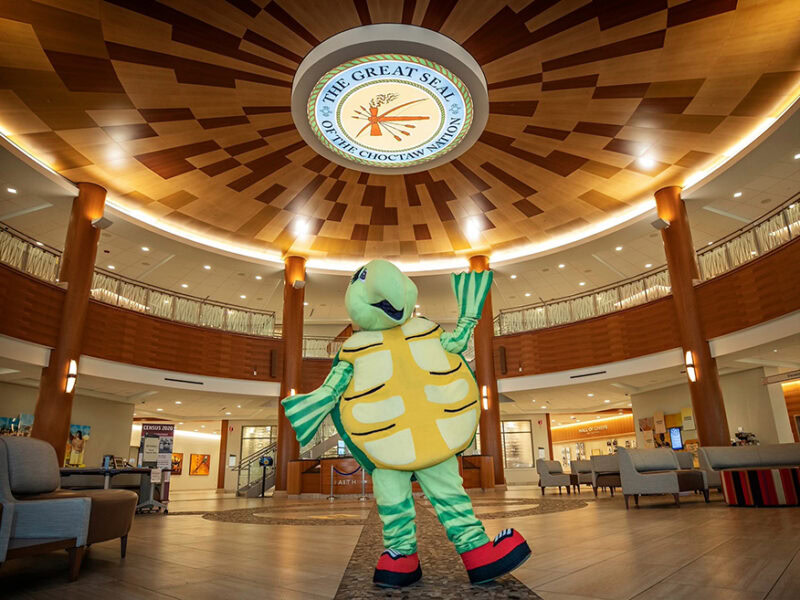 A person wearing a costume of Luksi the turtle.