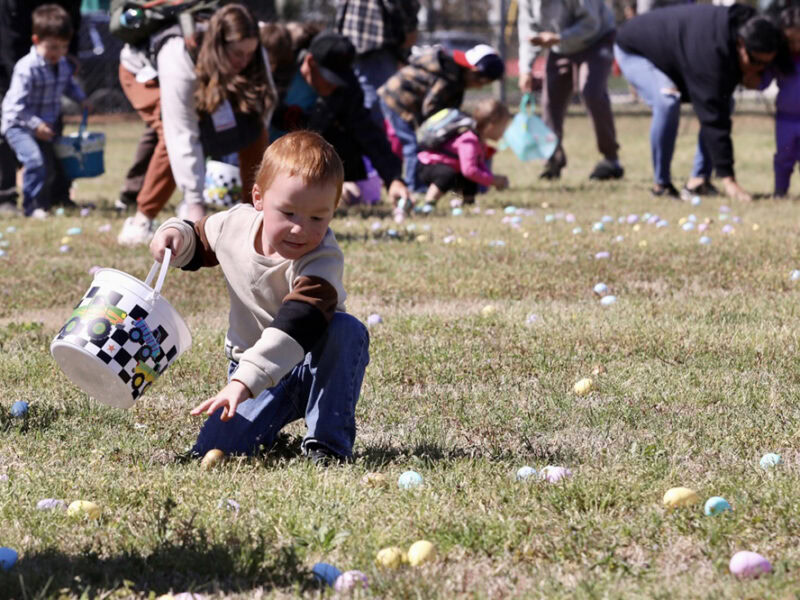 A young boy reaches for a golden egg.