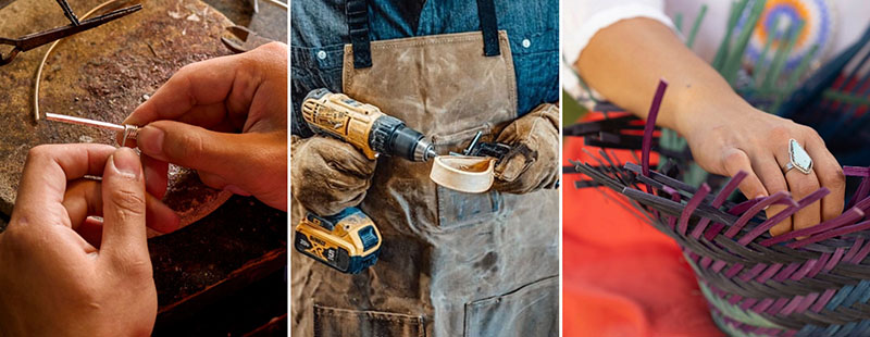 Three photos of people working on Native crafts with their hands/
