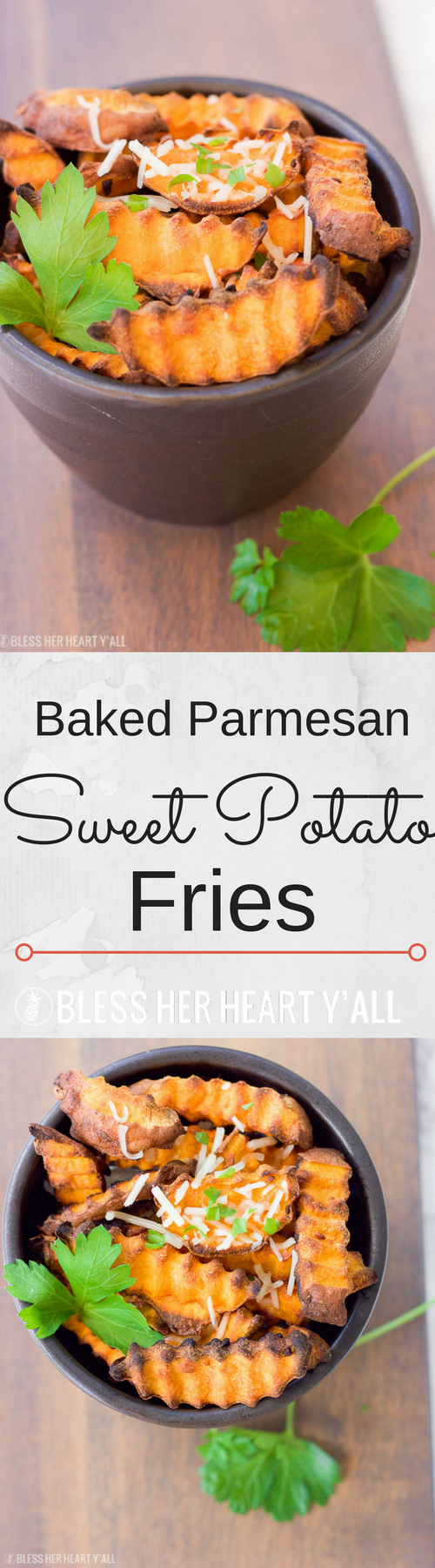 These baked parmesan sweet potato fries are amazingly easy to make with simple ingredients. The hints of savory garlic and parmesan blend perfectly with the sweetness of the sweet potato pieces!