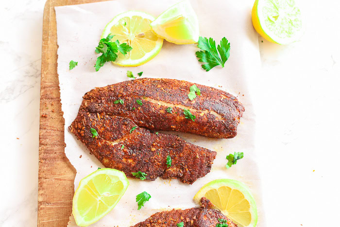 above shot of blackened flounder on plate