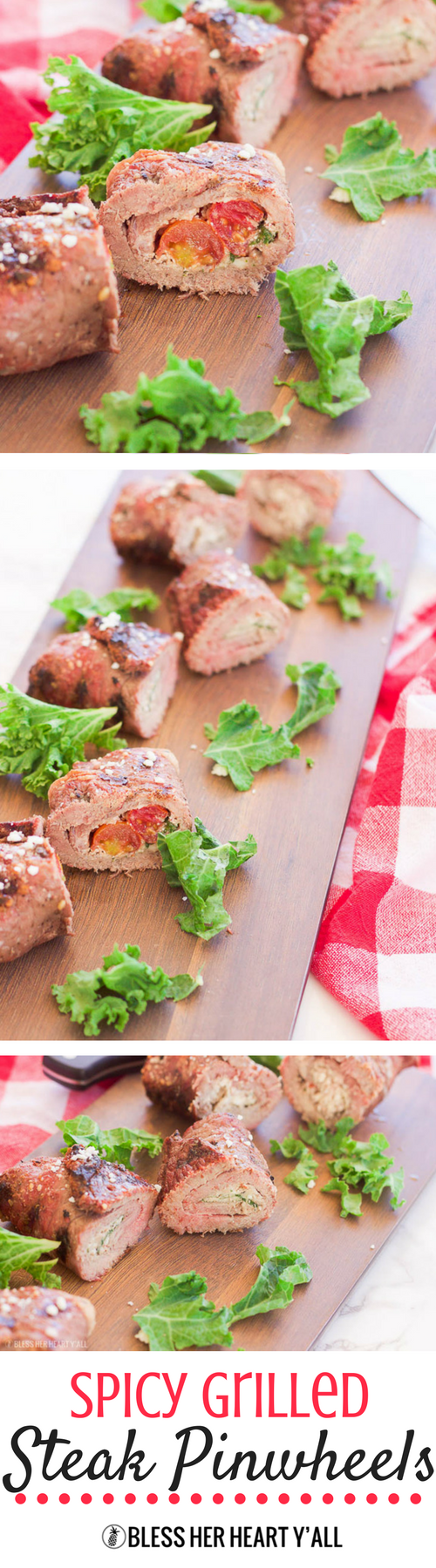 These grilled spicy steak pinwheels use a mixture of cotija cheese, grape tomatoes, pepper flakes, and arugula leaves all wrapped up in some yummy thinly-sliced steak. The drooling starts now! www.BlessHerHeartYall.com