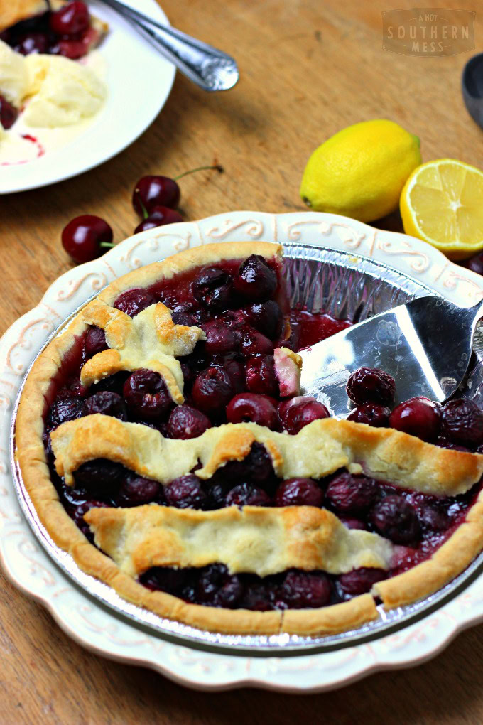 This all-american classic is perfect all summer long, from Memorial Day to the Forth of July to Labor Day, this easy, fresh, gluten-free moonshine cherry pie will be a hit at any summer party! Find the easy recipe at www.ahotsouthernmess.com