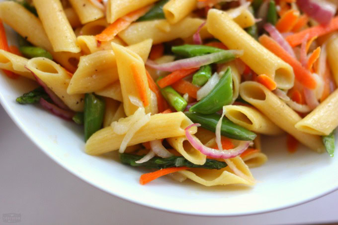 sweet and spicy summer garden vegetable pasta noodles and veggies