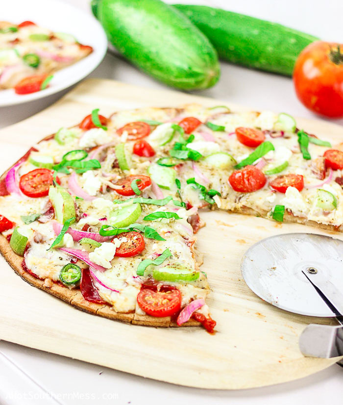 cucumber pizza! Gluten-free pizza with cucumber on pizza.