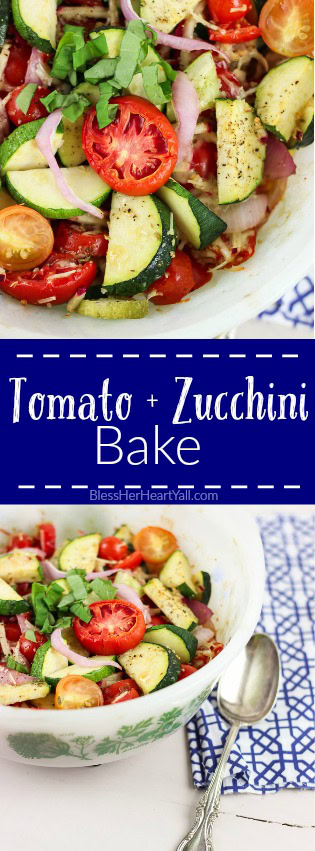 A super easy and quick baked recipe for Summer tomato zucchini bake! www.blessherheartyall.com