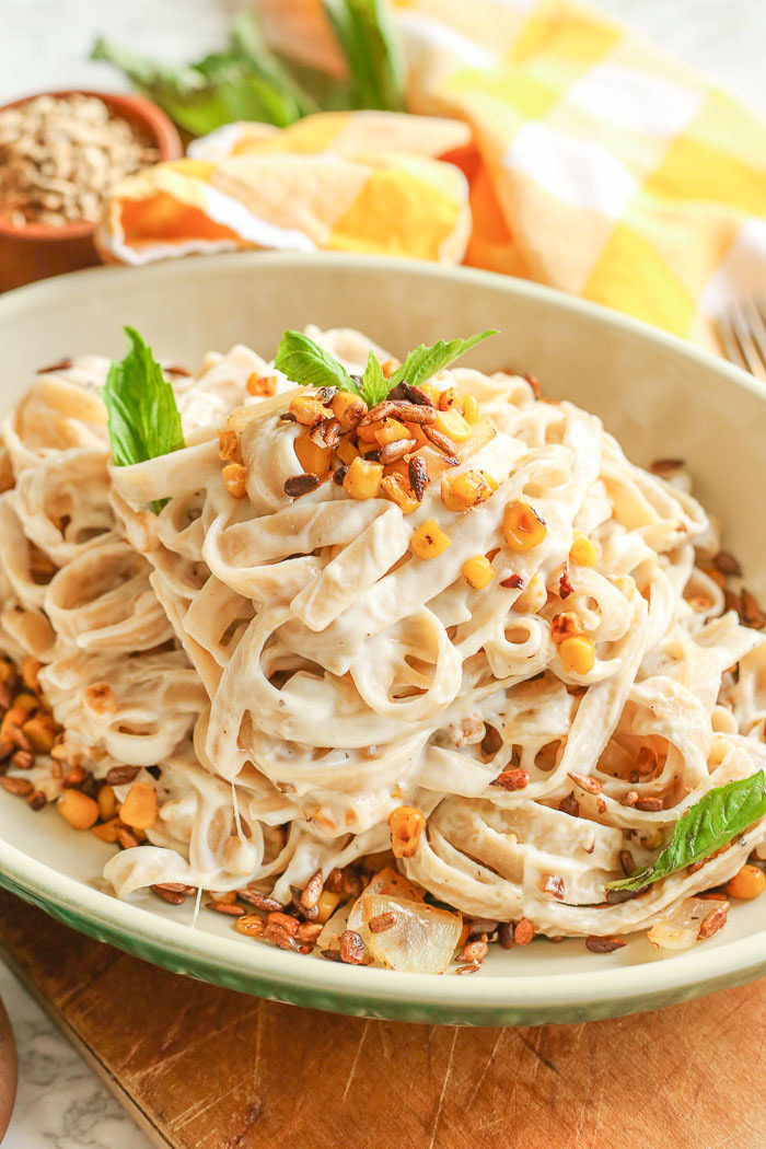 Goat Cheese Pasta Sauce + Sweet Corn and Sunflower Seeds