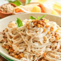 Sunflower Pasta with sweet corn and goat cheese sauce that is all gluten-free!