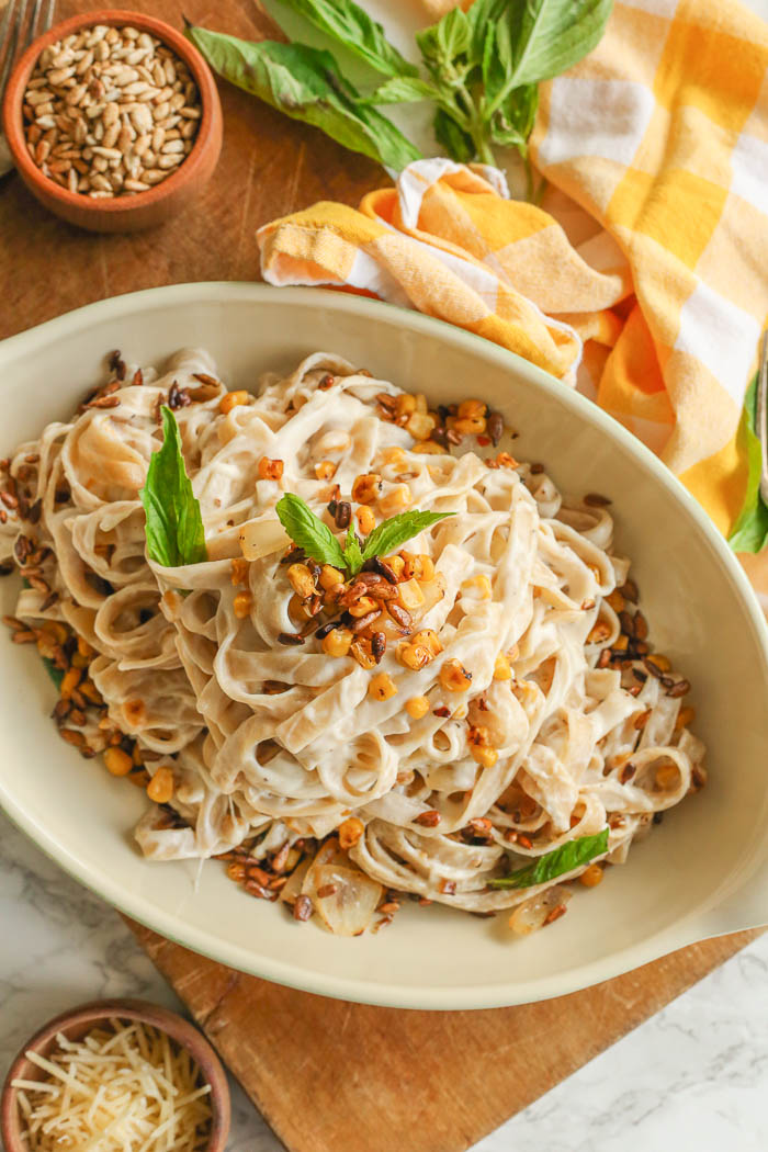 Goat Cheese Pasta Sauce + Sweet Corn and Sunflower Seeds