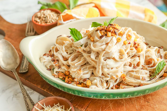 Goat Cheese Pasta Sauce + Sweet Corn and Sunflower Seeds