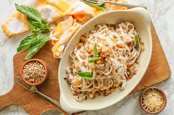 Goat Cheese Pasta Sauce + Sweet Corn and Sunflower Seeds