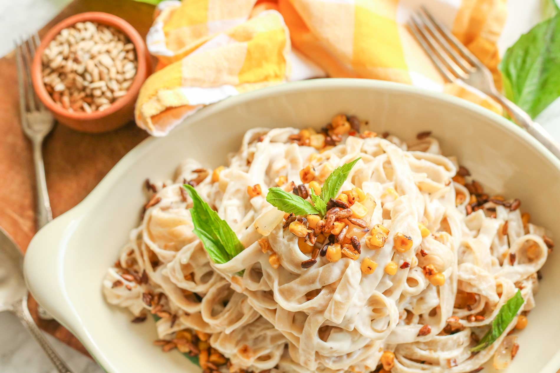 Goat Cheese Pasta Sauce + Sweet Corn and Sunflower Seeds