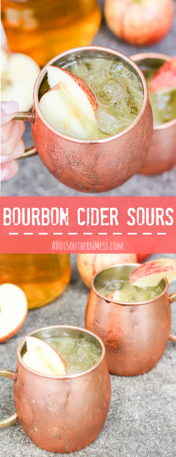 Bourbon is neatly blended with apple cider and orange juice over a mug of ice and raw sugars. Sweet enough to guzzle, stiff enough to sip. A chilled fall drink that’s the perfect blend of sweet and manly, perfect as a swift Fall drink in the warm southern states. www.ahotsouthernmess.com