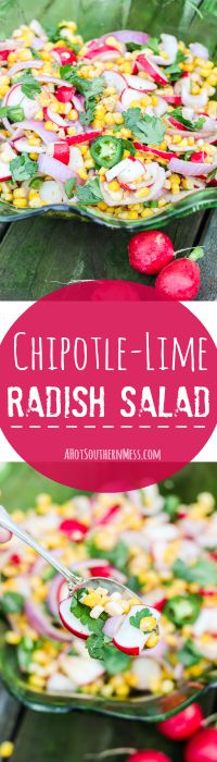 A refreshingly spicy late-summer salad, full of sweet corn, crisp radishes, spicy jalapeño slices, fresh Italian parsley, and chopped sweet red onions. A combination of chipotle chili pepper, fresh lime juice, garlic and coriander make this dish stand out even more than it's brilliant colors. Just five minutes of time will produce this colorful and refreshing delight that is perfect as an autumn side dish or party food. www.ahotsouthernmess.com