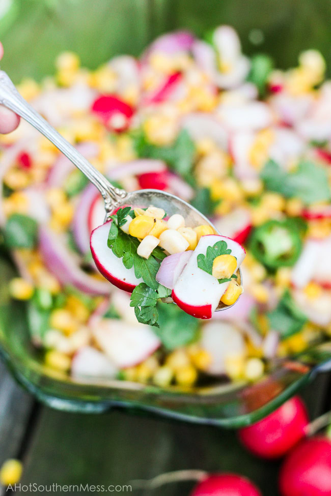 A refreshingly spicy late-summer salad, full of sweet corn, crisp radishes, spicy jalapeño slices, fresh Italian parsley, and chopped sweet red onions. A combination of chipotle chili pepper, fresh lime juice, garlic and coriander make this dish stand out even more than it's brilliant colors. Just five minutes of time will produce this colorful and refreshing delight that is perfect as an autumn side dish or party food. www.ahotsouthernmess.com