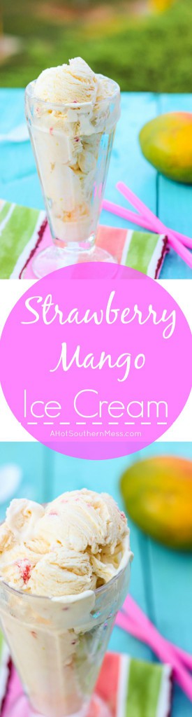 Fresh creamy strawberry mango ice cream with hand picked strawberry pieces and puréed mango folded in. Ten minutes of prep work and just a hand mixer is all that you need to prepare this light, sweet, refreshing treat for those long dog days of summer! www.ahotsouthernmess.com