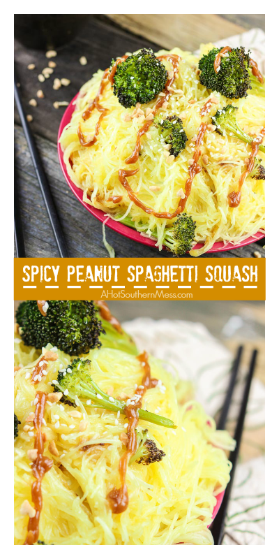 Spicy Peanut Spaghetti Squash A creamy sweet and spicy peanut sauce is drizzled over crispy and tender roasted broccoli and spaghetti squash. Add in your favorite protein, like grilled chicken breasts if you’d like. It’s the perfect easy 30-minute meal combination of Asian meets healthy! www.ahotsouthernmess.com