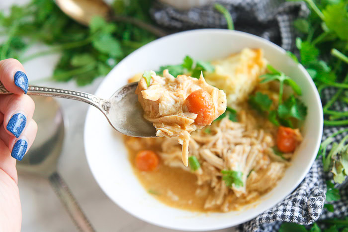 gluten free chicken and dumplings made in the slow cooker or crock pot is the easiest soup you'll ever make!