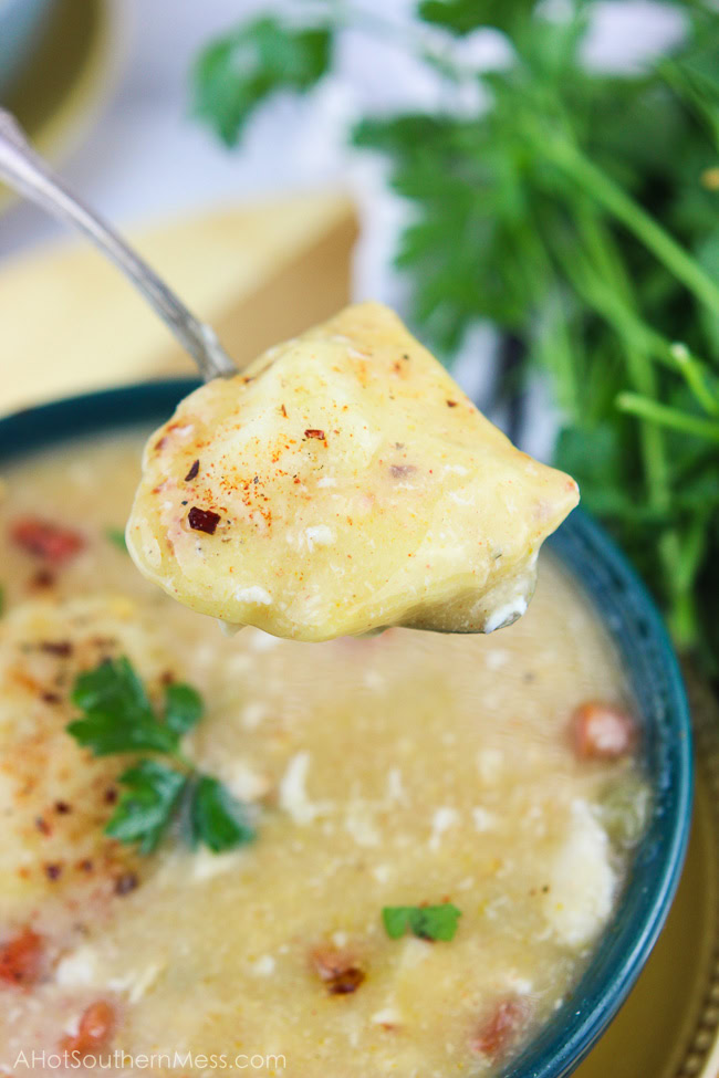 This spicy gluten-free slow cooker chicken and dumplings recipe is so easy to put together, you need just 5 minutes, and let simmer all day. The spicy taste {easily adjusted to your spice level!} pairs well with the sweet doughy gluten-free dumplings and tender bites of chicken and vegetables. Perfect for a busy fall weeknight that the whole family will love, just serve and enjoy! www.ahotsouthernmess.com