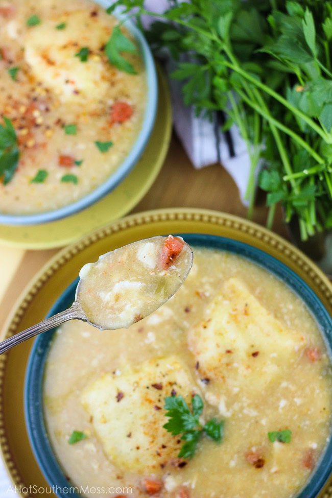 This spicy gluten-free slow cooker chicken and dumplings recipe is so easy to put together, you need just 5 minutes, and let simmer all day. The spicy taste {easily adjusted to your spice level!} pairs well with the sweet doughy gluten-free dumplings and tender bites of chicken and vegetables. Perfect for a busy fall weeknight that the whole family will love, just serve and enjoy! www.ahotsouthernmess.com