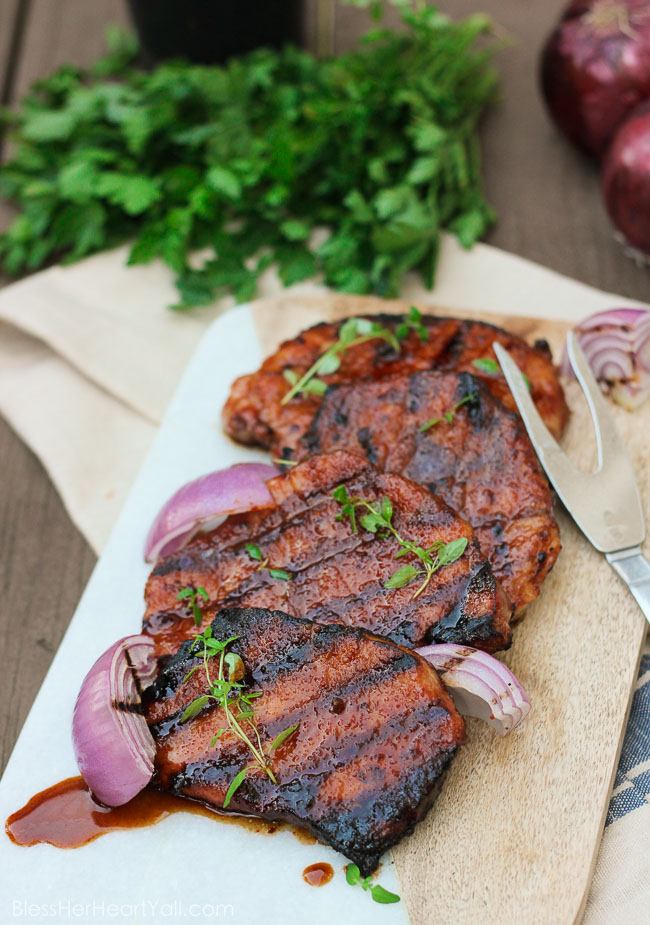 These gluten-free southern cayenne glazed pork chops are an easy 5-ingredient recipe that combines the sweetness of brown sugar with the spiciness of cayenne pepper. A few minutes marinating and then quickly kissed on the grill, these southern glazed pork chops create a tender, juicy, flavorful meal in just minutes! www.blessherheartyall.com