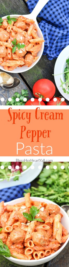 This spicy cream pepper pasta is very simple to put together for a slightly spicy, creamy, italian-inspired dish, perfect for busy weeknights. Top with your favorite protein and crumble cheeses and your pasta will be turned up a notch. Buckle up! www.blessherheartyall.com