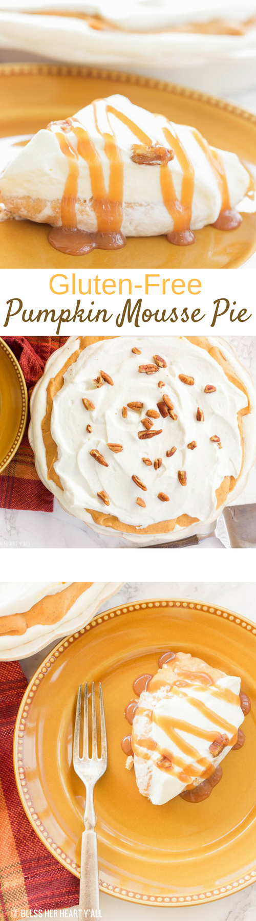 A smooth, sweet, pumpkin dessert that has a mousse-like texture with all the flavor of sweet pumpkin and cream. This gluten-free pumpkin mousse pie is an easy gluten-free option for all those pumpkin pie lovers this holiday season!