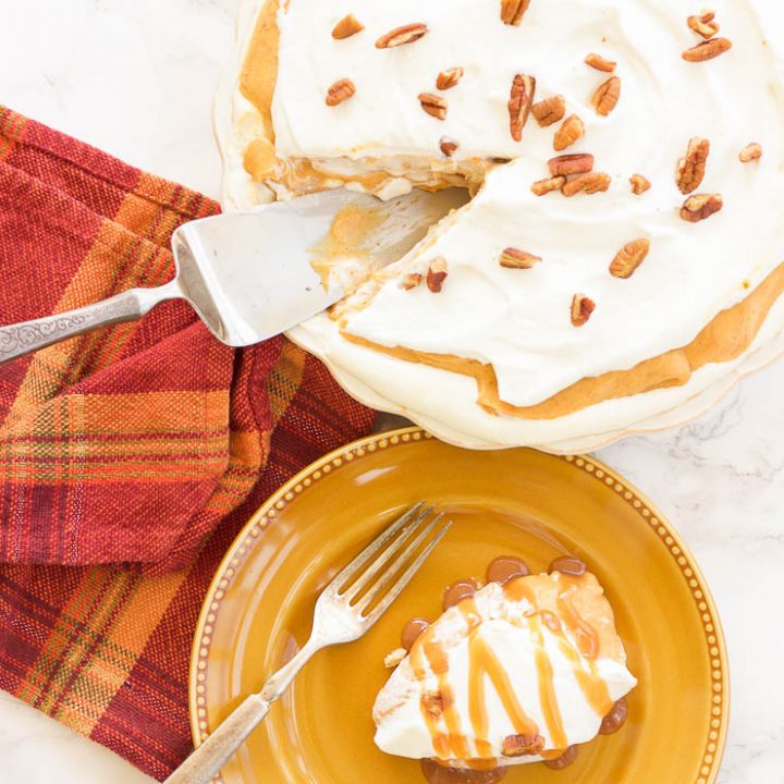 A smooth, sweet, pumpkin dessert that has a mousse-like texture with all the flavor of sweet pumpkin and cream. This gluten-free pumpkin mousse pie is an easy gluten-free option for all those pumpkin pie lovers this holiday season!