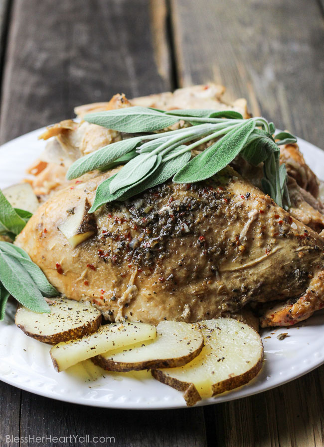 Spicy Sage Slow Cooker Turkey: A combination of sage and garlic combine deliciously with a little heat {only if you want it!} in a slow cooker for the most juicy and moist turkey you will ever eat! 5 minutes of prep work gives you a Thanksgiving Day main meal that is falling-off-the-bone! www.blessherheartyall.com