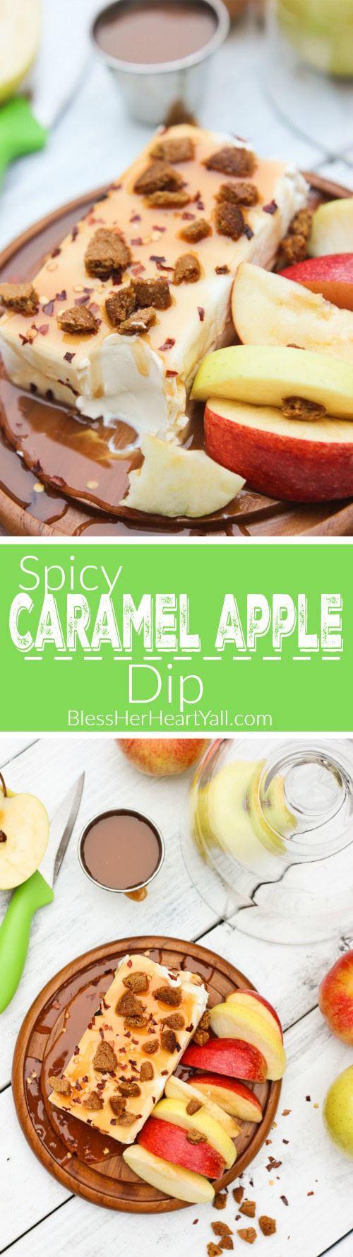 This Spicy Caramel Apple Dip is a 2-minute recipe that is both simple to make and easy to scarf down. Included in this recipe are healthier ingredients like greek yogurt and honey as well as a touch of spicy pepper, caramel drizzle, and gluten-free ginger snap crumbles, for a sweet and spicy, creamy and crunchy dip that's the perfect fall appetizer or treat for you and your hungry friends! www.blessherheartyall.com