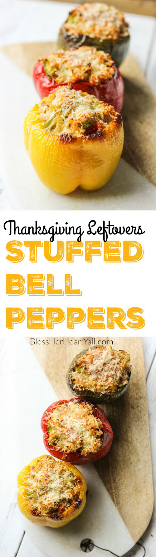 These gluten-free Thanksgiving leftovers stuffed bell peppers are the perfect excuse to eating up all those holiday leftovers. Pop these peppers in the oven after you have stuffed them silly with turkey, leftover dressing, some brown rice, and spices. Don't forget to top with shredded parmesan and sprinkle with rosemary! www.blessherheartyall.com