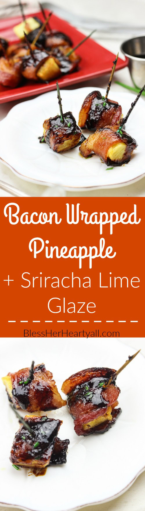 These bacon wrapped pineapple with sriracha lime glaze bites are an easy to-put-together appetizer for any party! Juicy pineapple is wrapped up in thick-cut applewood smoked bacon and then drizzled with a sriracha lime glaze before being baked in the oven to sweet and savory perfection! Yum! www.BlessHerHeartYall.com