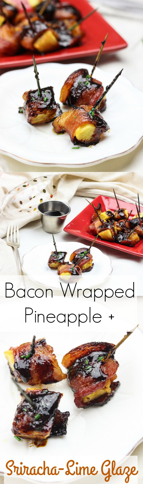 These bacon wrapped pineapple with sriracha lime glaze bites are an easy to-put-together appetizer for any party! Juicy pineapple is wrapped up in thick-cut applewood smoked bacon and then drizzled with a sriracha lime glaze before being baked in the oven to sweet and savory perfection! Yum! www.BlessHerHeartYall.com