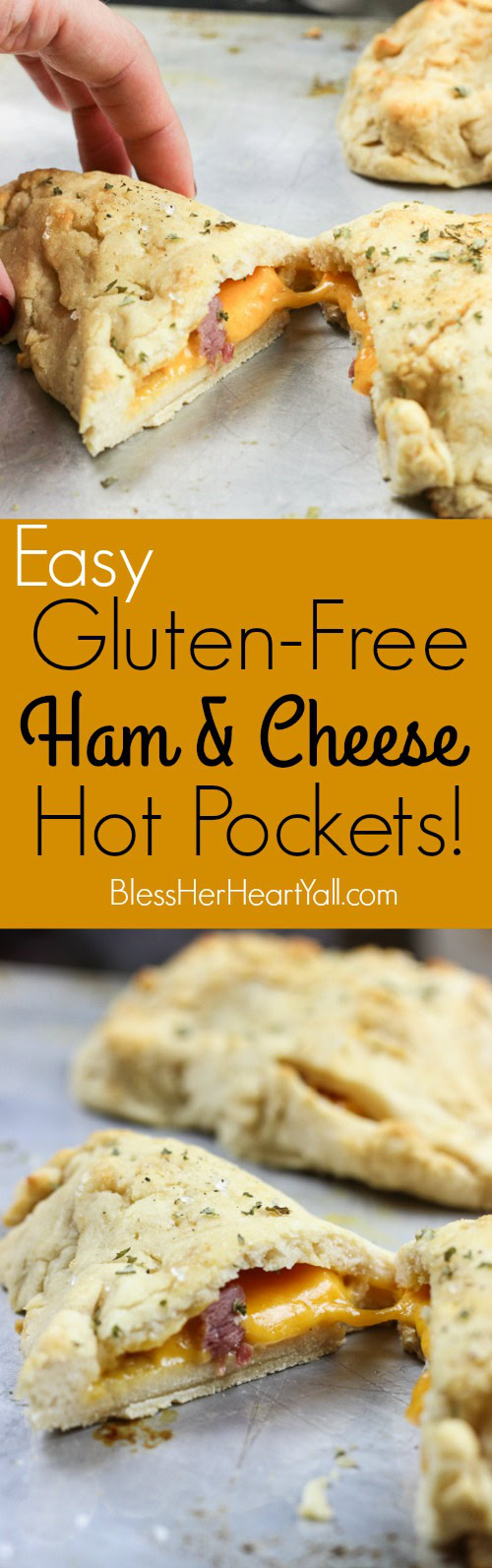 These gluten-free ham and cheese hot pockets (or calzones, or hand pies) are so easy and tasty!  Perfectly crispy pockets of smooth soft dough are stuffed with leftover Christmas ham leftovers and melty cheese, closed up, and brushed with an olive oil, honey, brown sugar, and garlic sauce.  It's the perfect tasty meal on-the-go and a great way to finish off those Christmas ham leftovers! www.blessherheartyall.com