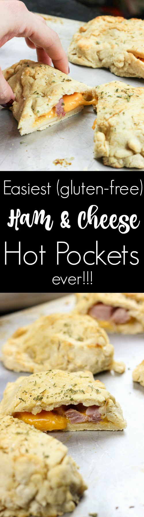 These gluten-free ham and cheese hot pockets (or calzones, or hand pies) are so easy and tasty!  Perfectly crispy pockets of smooth soft dough are stuffed with leftover Christmas ham leftovers and melty cheese, closed up, and brushed with an olive oil, honey, brown sugar, and garlic sauce.  It's the perfect tasty meal on-the-go and a great way to finish off those Christmas ham leftovers! www.blessherheartyall.com