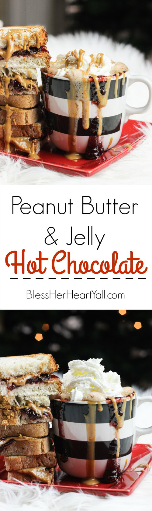 This peanut butter and jelly hot chocolate is a decadent and rich twist on the classic hot chocolate! Melting smooth chocolate with creamy peanut butter and sweetened with your favorite berry flavor, make this an instant cold-weathered favorite! www.blessherheartyall.com