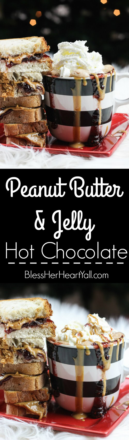 This peanut butter and jelly hot chocolate is a decadent and rich twist on the classic hot chocolate!  Melting smooth chocolate with creamy peanut butter and sweetened with your favorite berry flavor, make this an instant cold-weathered favorite! www.blessherheartyall.com