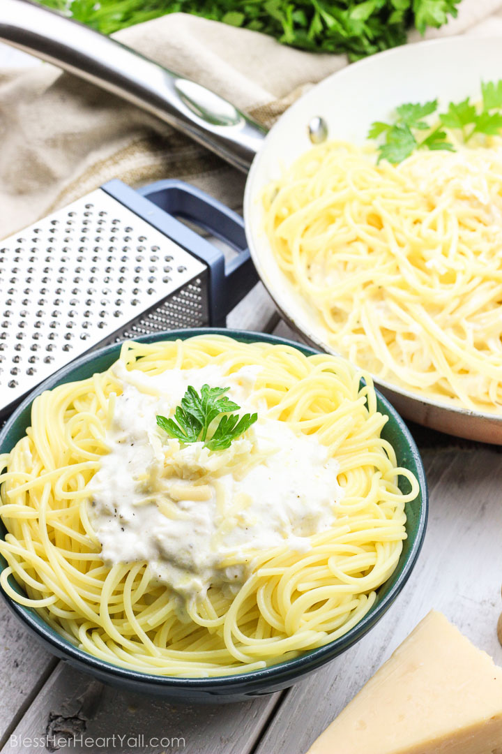 This Skinny Champagne Alfredo recipe is amazing and quick to make! Instead of those heavy unhealthy creams, healthy greek yogurt is used! And if we needed a reason to use up extra New Year's Eve champagne, here it is! It is used in lieu of chicken broth or white wine in the typical alfredo sauce! Cream, healthy, fun deliciousness! www.blessherheartyall.com