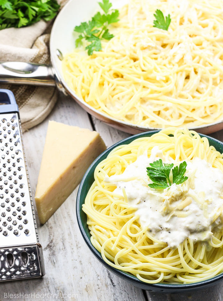 This Skinny Champagne Alfredo recipe is amazing and quick to make! Instead of those heavy unhealthy creams, healthy greek yogurt is used! And if we needed a reason to use up extra New Year's Eve champagne, here it is! It is used in lieu of chicken broth or white wine in the typical alfredo sauce! Cream, healthy, fun deliciousness! www.blessherheartyall.com