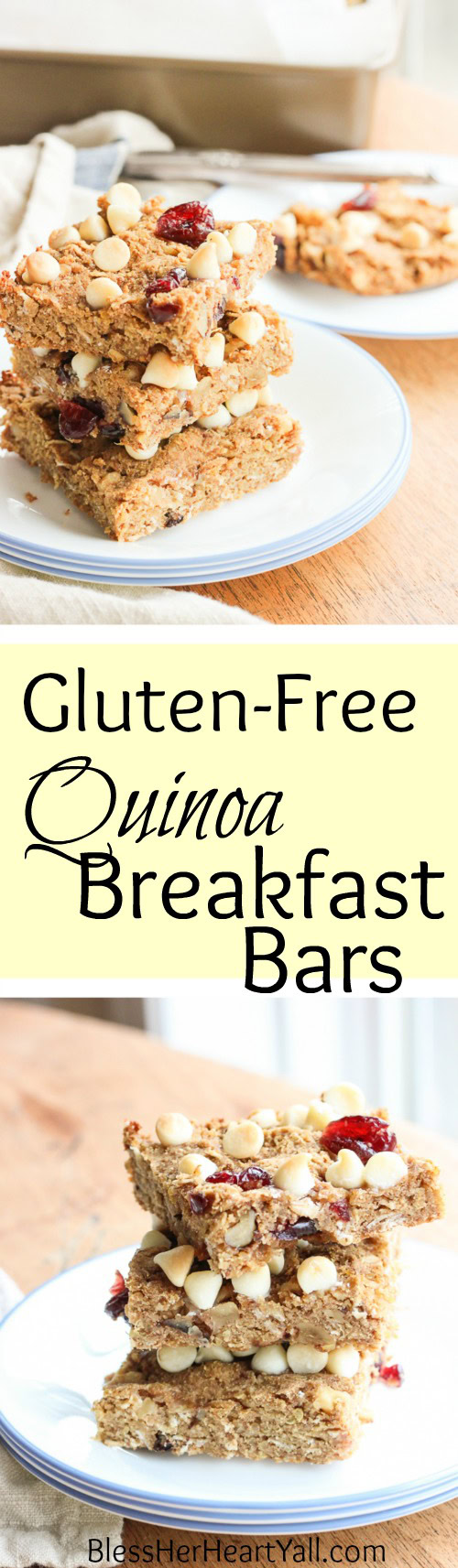 These gluten-free quinoa breakfast bars are a sweet and easy breakfast option for those on-the-go mornings. These breakfast / protein bars combine quinoa, coconut flour, honey, and peanut butter with dried fruits and white chocolate chips to make a delicious baked gluten-free breakfast! www.BlessHerHeartYall.com