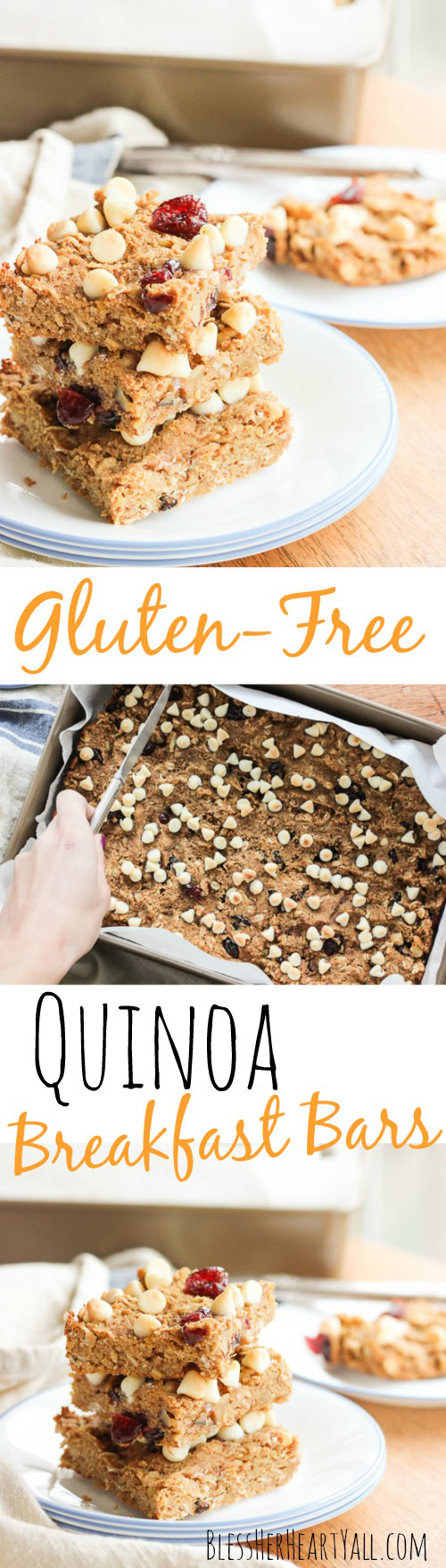 These gluten-free quinoa breakfast bars are a sweet and easy breakfast option for those on-the-go mornings. These breakfast / protein bars combine quinoa, coconut flour, honey, and peanut butter with dried fruits and white chocolate chips to make a delicious baked gluten-free breakfast! www.BlessHerHeartYall.com