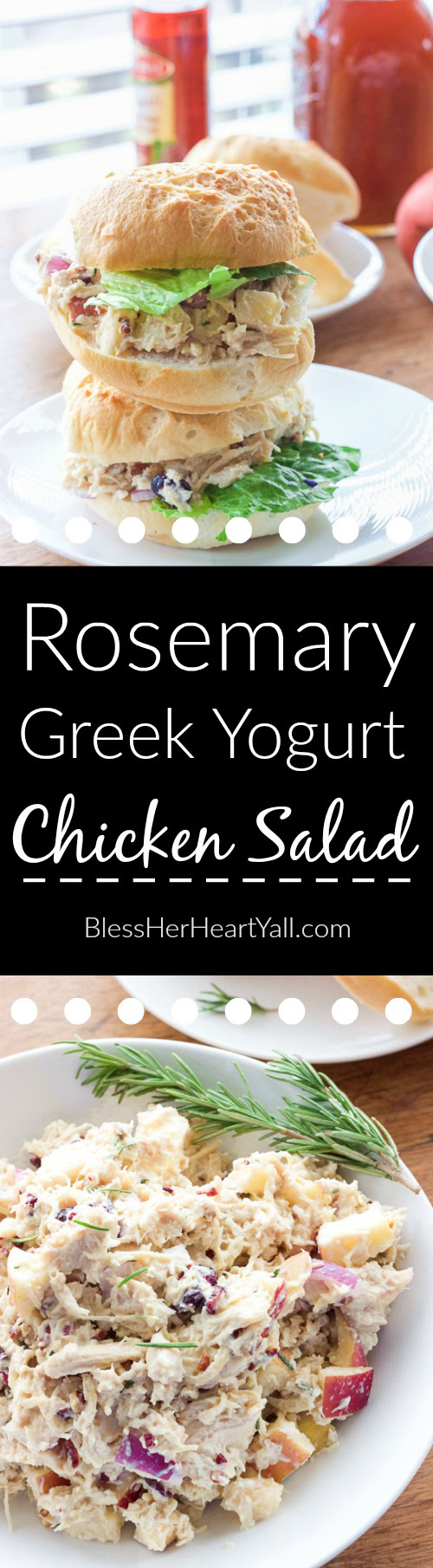 OMG yum! This rosemary greek yogurt chicken salad is a light and fresh (and gluten-free!) approach to chicken salad! The list of healthy ingredients come together to make one sweet and savory masterpiece of a salad or gluten free sandwich!