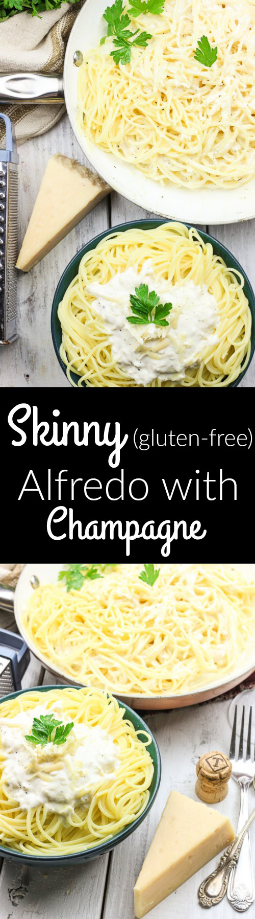 This Skinny Champagne Alfredo recipe is amazing and quick to make! Instead of those heavy unhealthy creams, healthy greek yogurt is used! And if we needed a reason to use up extra New Year's Eve champagne, here it is! It is used in lieu of chicken broth or white wine in the typical alfredo sauce! Cream, healthy, fun deliciousness! www.blessherheartyall.com