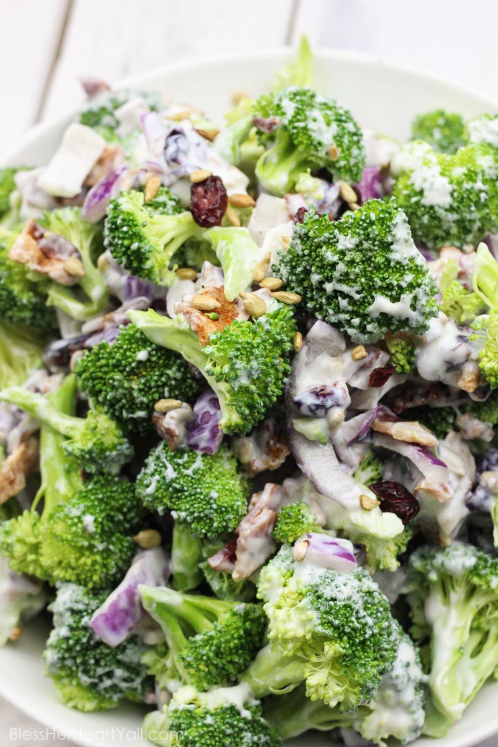 This skinny greek yogurt broccoli salad is a simple veggie dish that combines fresh broccoli spears, dried cranberries, and a sweet creamy dressing made with greek yogurt! It's the perfect healthy side dish to any winter meal! www.blessherheartyall.com